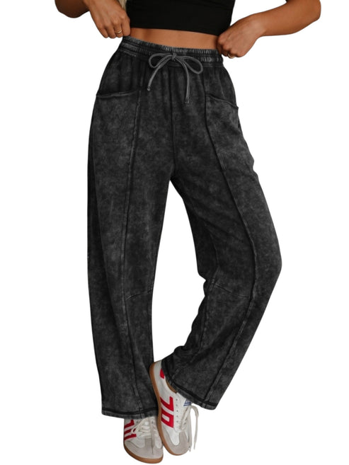 Acid washed drawstring wide-leg pants in black, front view