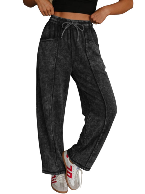 Acid washed drawstring wide-leg pants in black, front view
