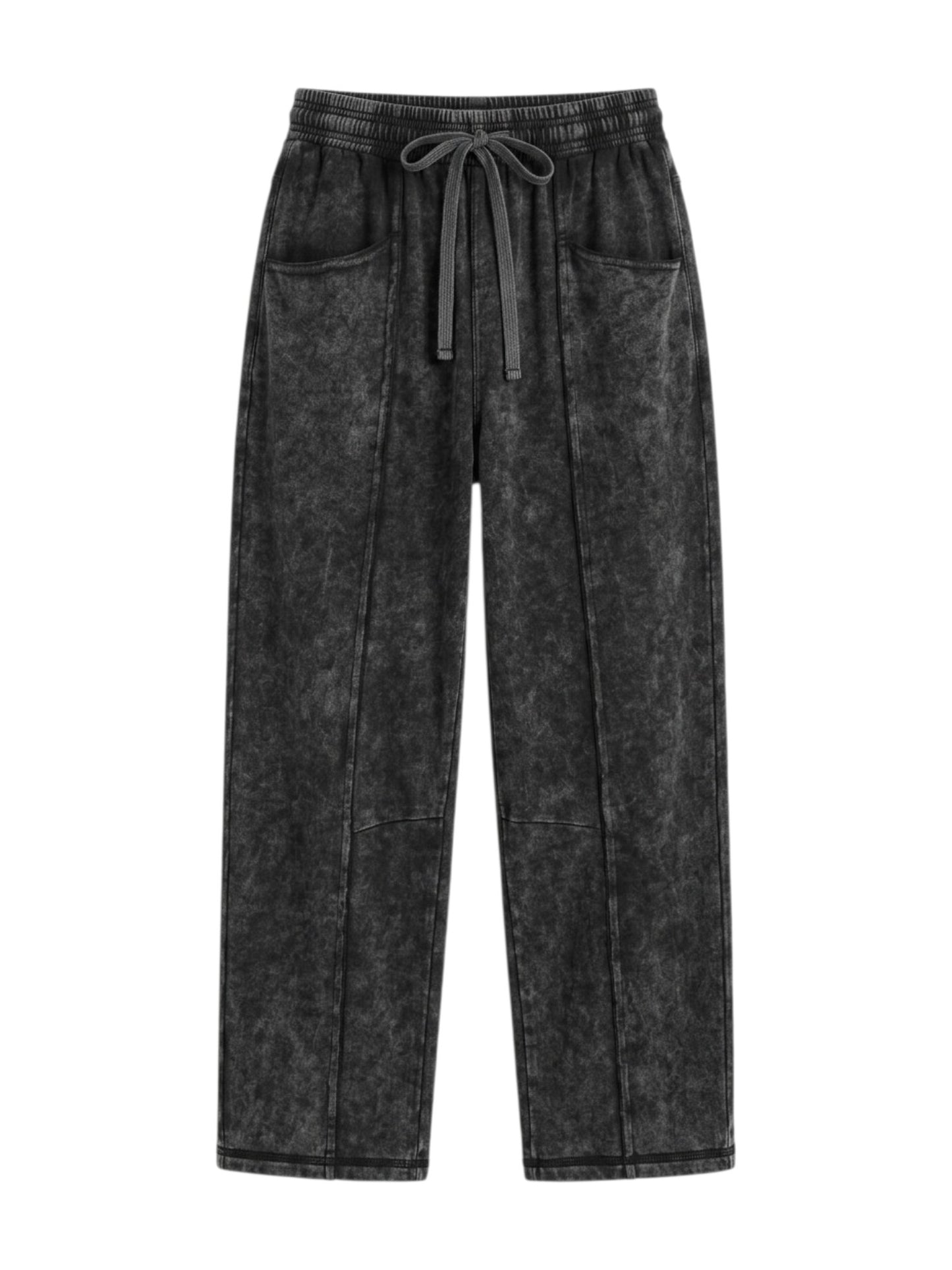 Acid washed drawstring wide-leg pants in black, flat lay front view