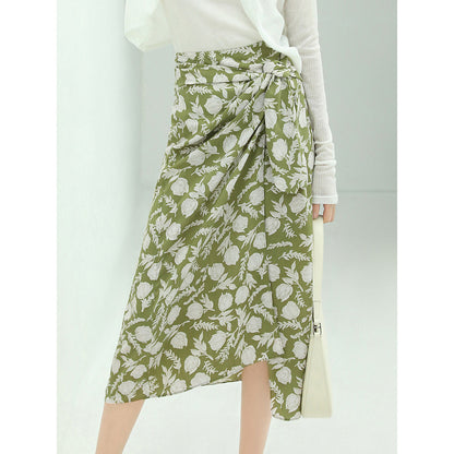 Cocobella Green Floral Print Side-Twist Wrap Midi Skirt-0
