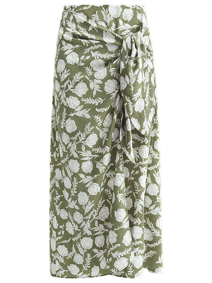 Cocobella Green Floral Print Side-Twist Wrap Midi Skirt-3