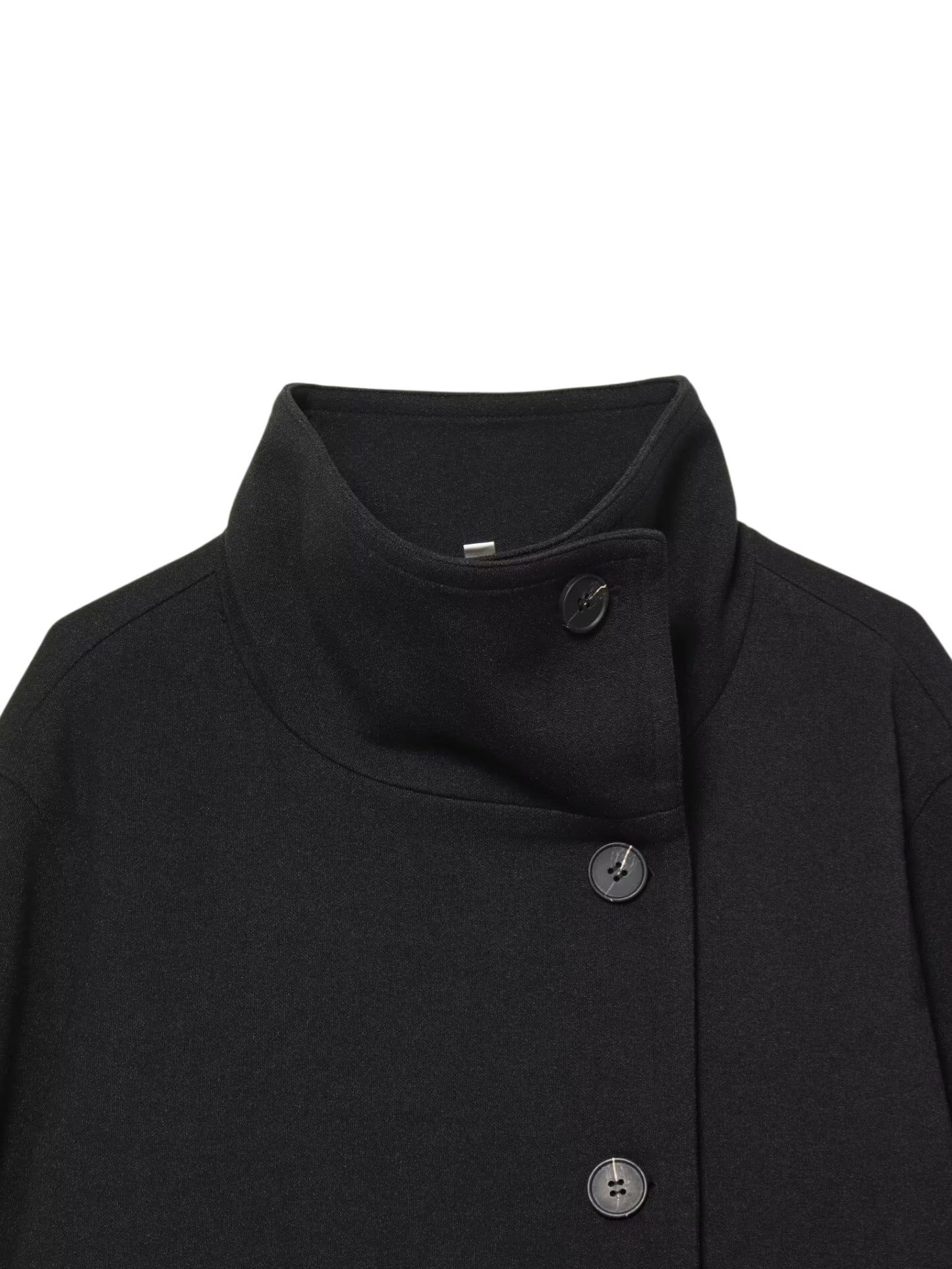 Close-up of a black coat with buttons on a white background