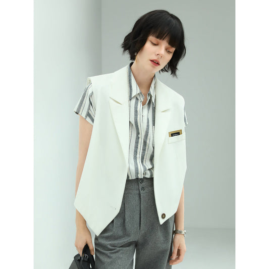 Asymmetrical Single Breasted White Vest-0