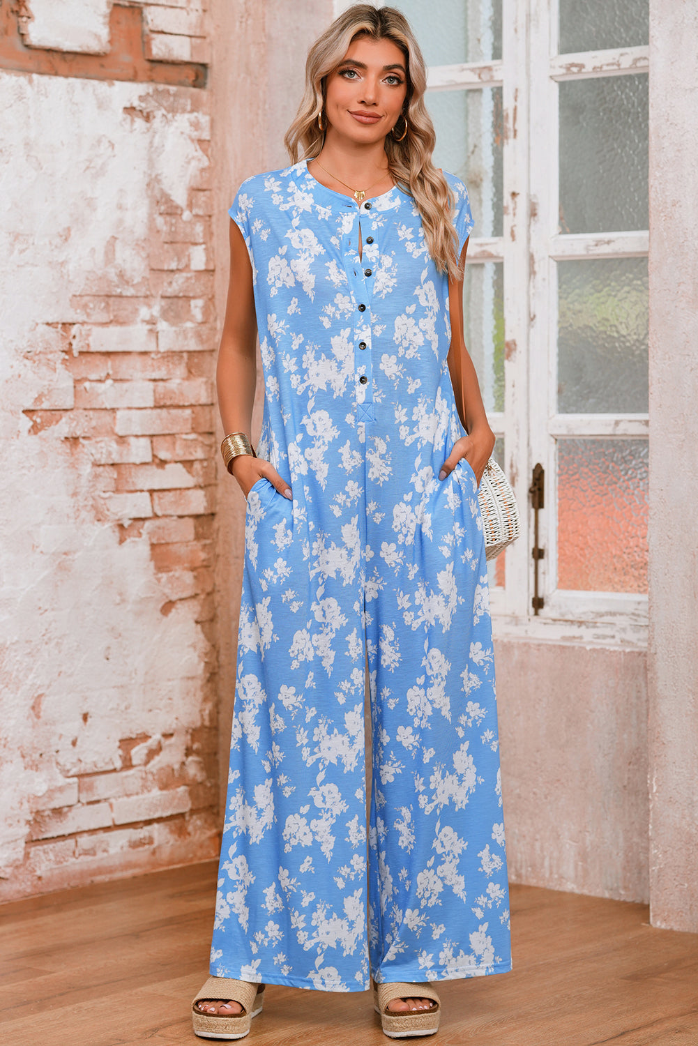 Cap Sleeve Floral Wide-Leg Jumpsuit