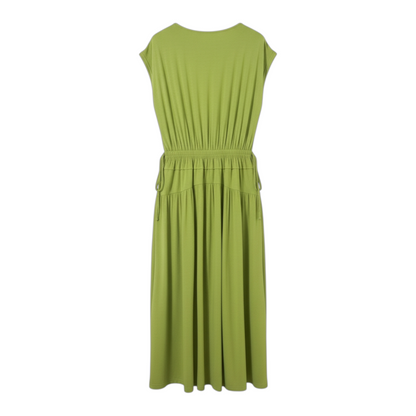 Back view of an olive green v-neck maxi dress with short sleeves and an adjustable side drawstring elastic waist on a white background.