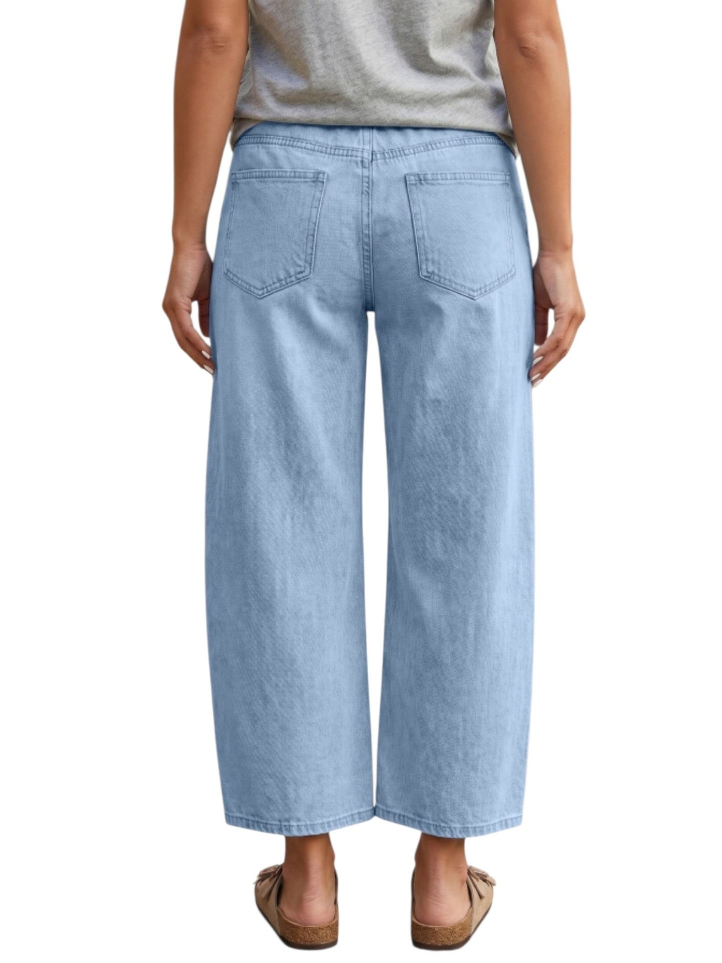 A person shown from the back wearing light-wash wide-leg cropped denim pants, a heather gray top, and tan flat shoes against a plain white background.