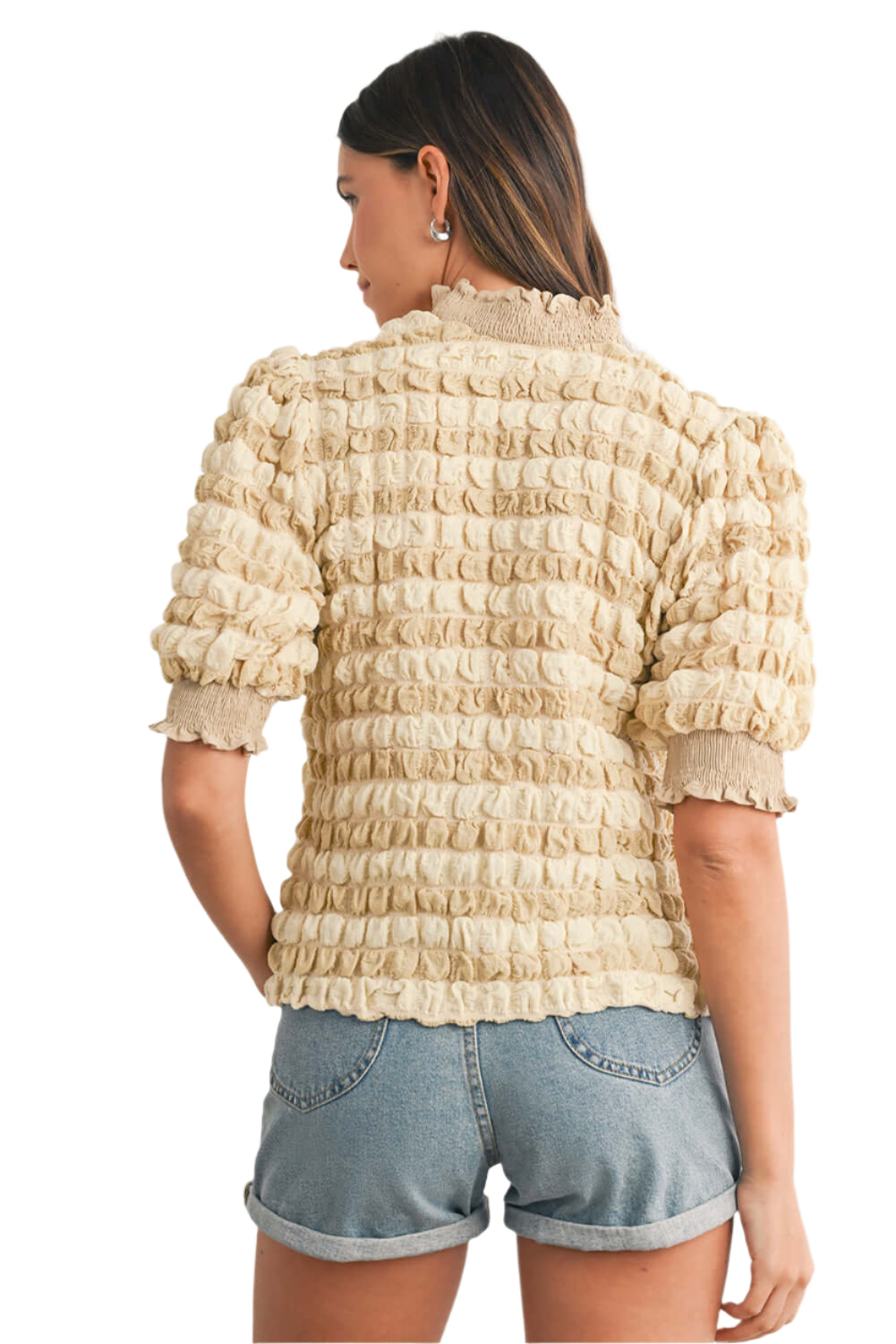 Beige Textured Puff Sleeve Top. Side view.