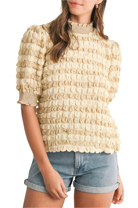 Beige Textured Puff Sleeve Top - Catherine Martin