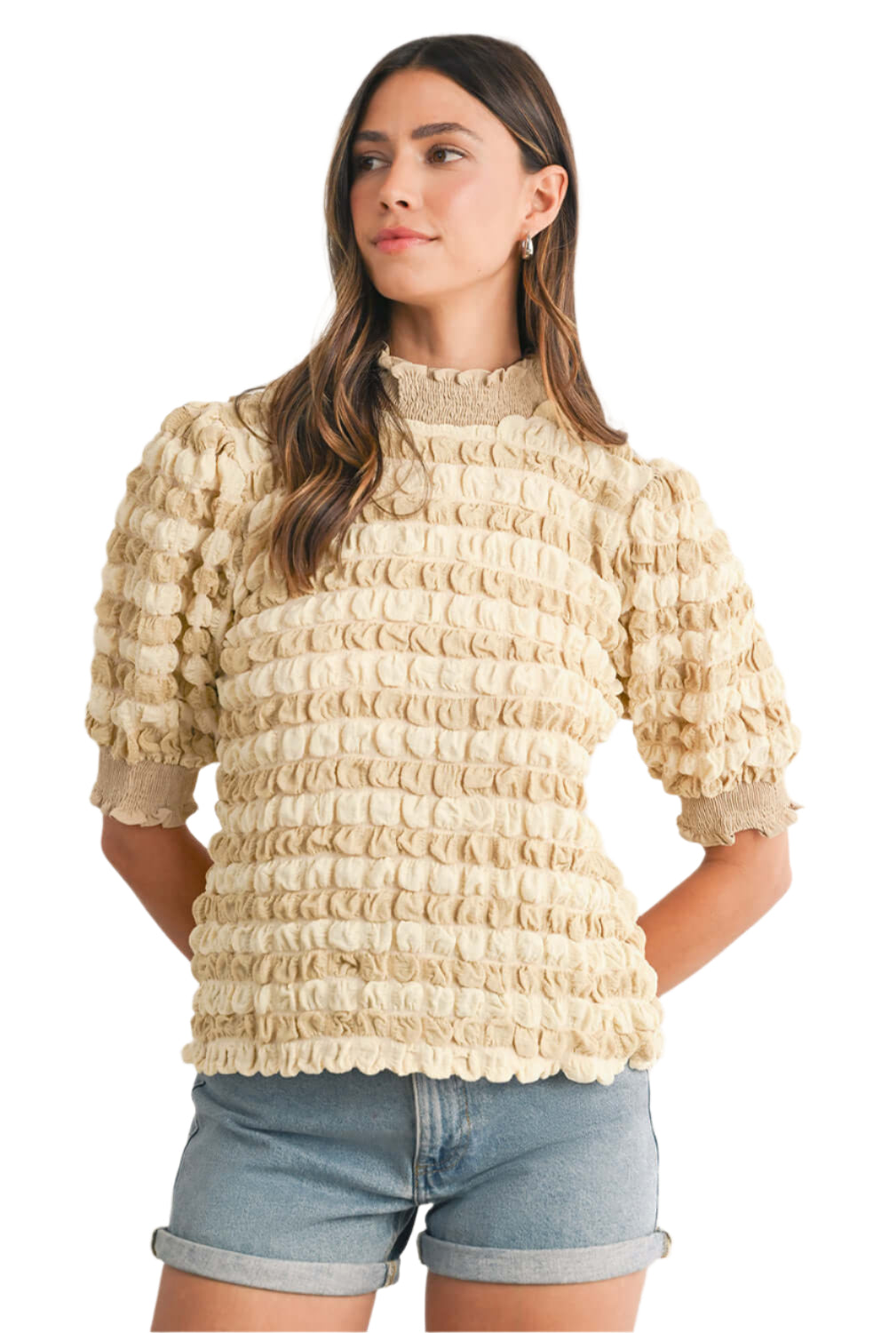 Beige textured top for casual outings. 
