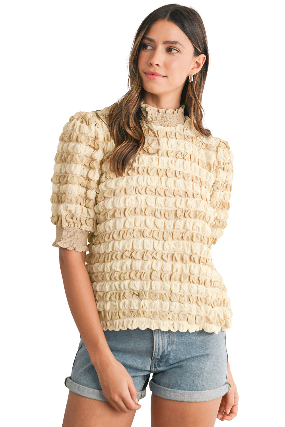 Beige textured puff sleeve top for women. 