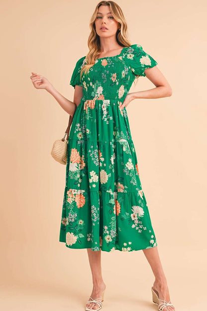 Green Floral Short Sleeve Dress