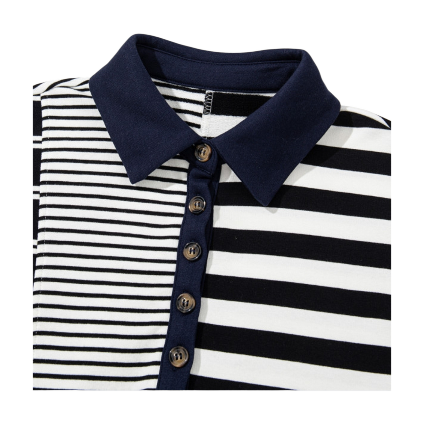 Navy and white striped shirt with a navy collar on a white background