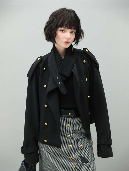 Black Double Breasted Trench Coat with a Detachable High Neck Collar-0