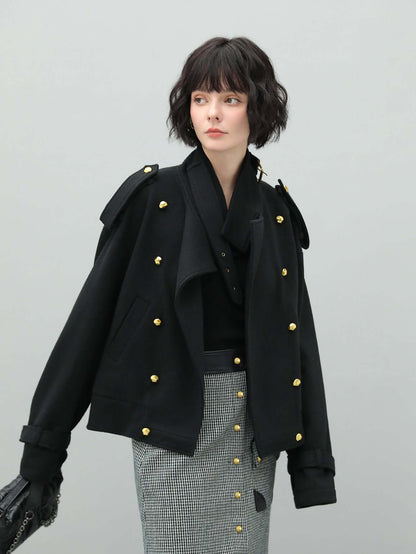 Black Double Breasted Trench Coat with a Detachable High Neck Collar-1