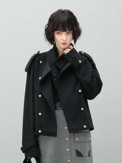 Black Double Breasted Trench Coat with a Detachable High Neck Collar-2