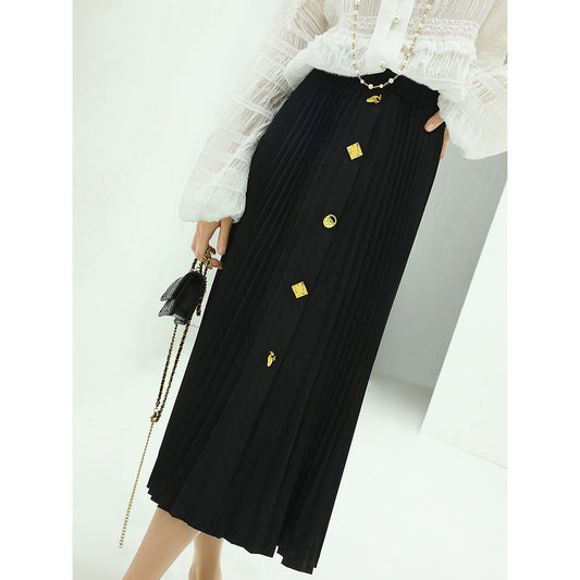 Cocobella Elegant Black Pleated Midi Skirt with Gold Buttons-0