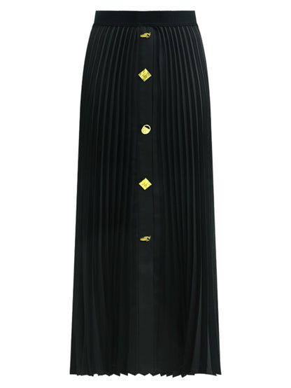 Cocobella Elegant Black Pleated Midi Skirt with Gold Buttons-3
