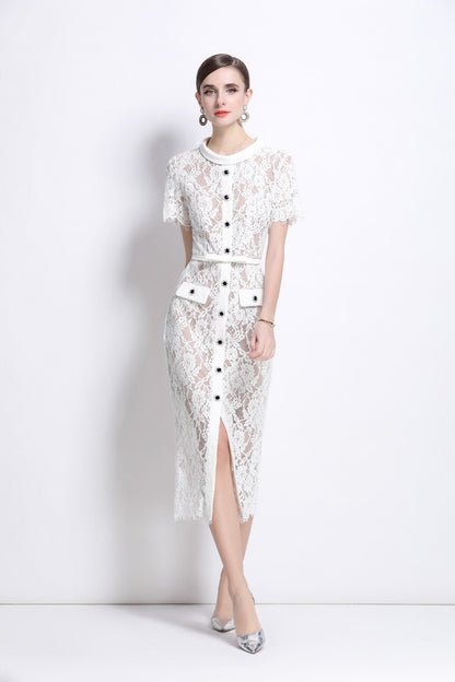 Blanca Slim Fit Round Neck Button Down Lace Dress-0