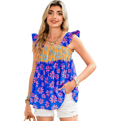 Floral Colorblock Ruffle Smocked Top