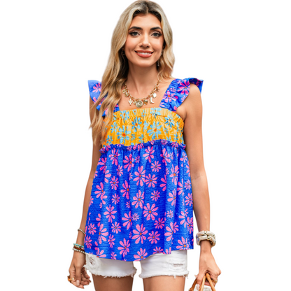 Floral Colorblock Ruffle Smocked Top