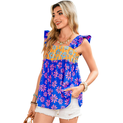 Floral Colorblock Ruffle Smocked Top