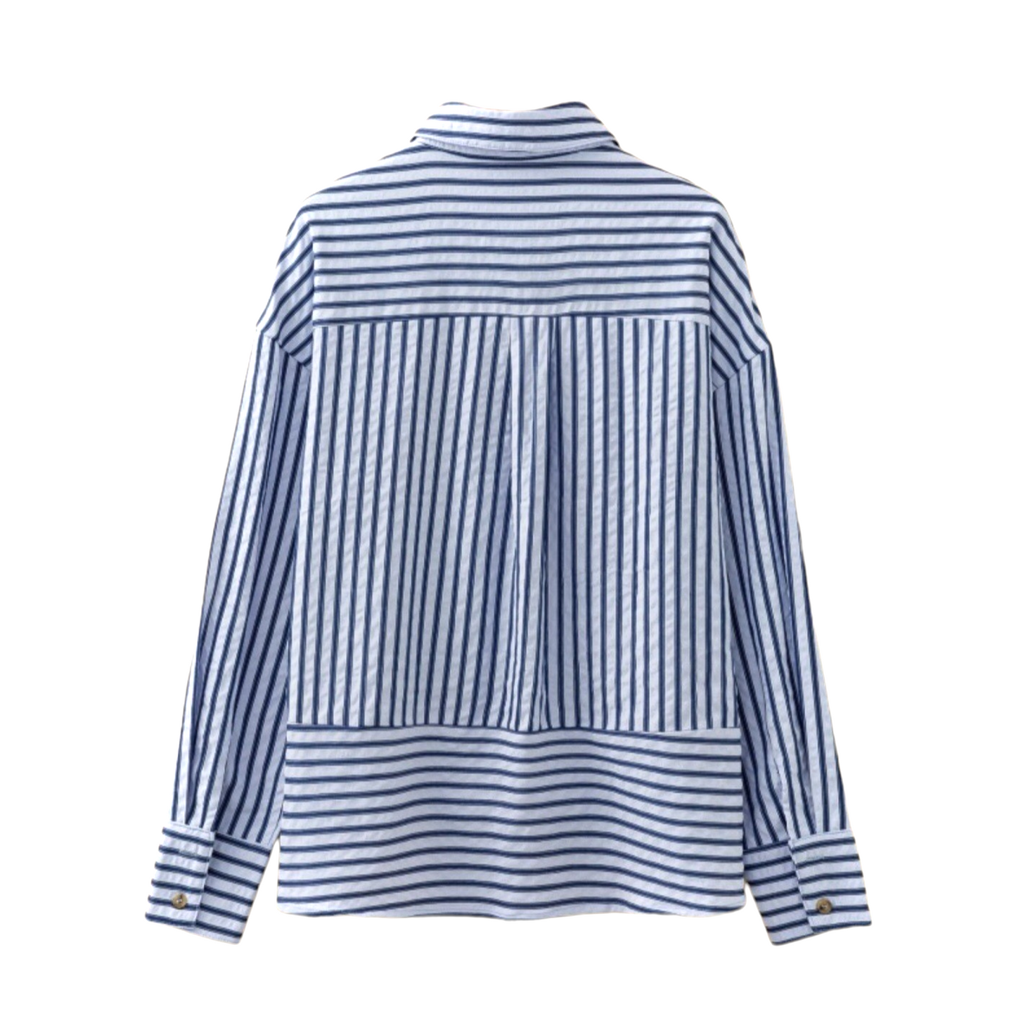 The back view of a blue and white striped shirt showcasing a horizontal back yoke, central box pleat, and dropped shoulder design.