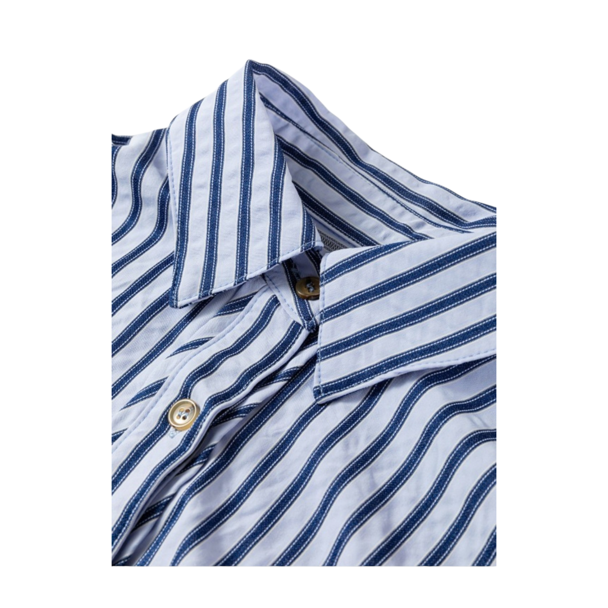Close-up of a blue and white striped shirt with a button on a white background