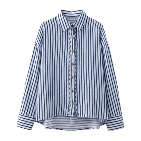 A front view of a blue and white vertical striped button-down shirt featuring a classic collar, wood-look buttons, and a relaxed, oversized silhouette.