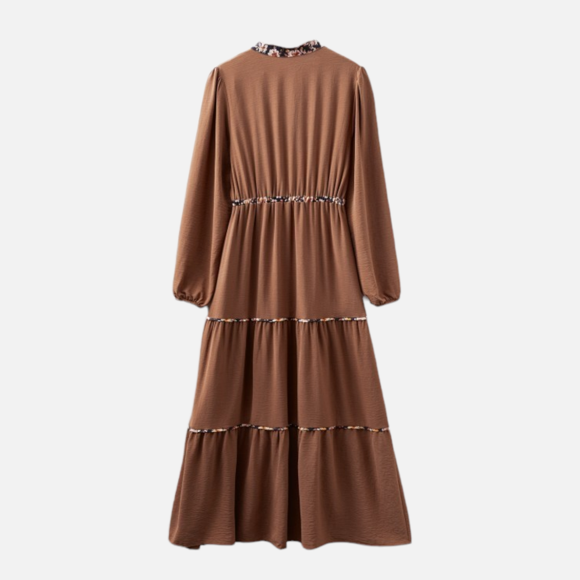Flat lay rear view of the brown bohemian tiered maxi dress, showcasing the gathered tiered design and floral trim along the neckline and skirt seams.