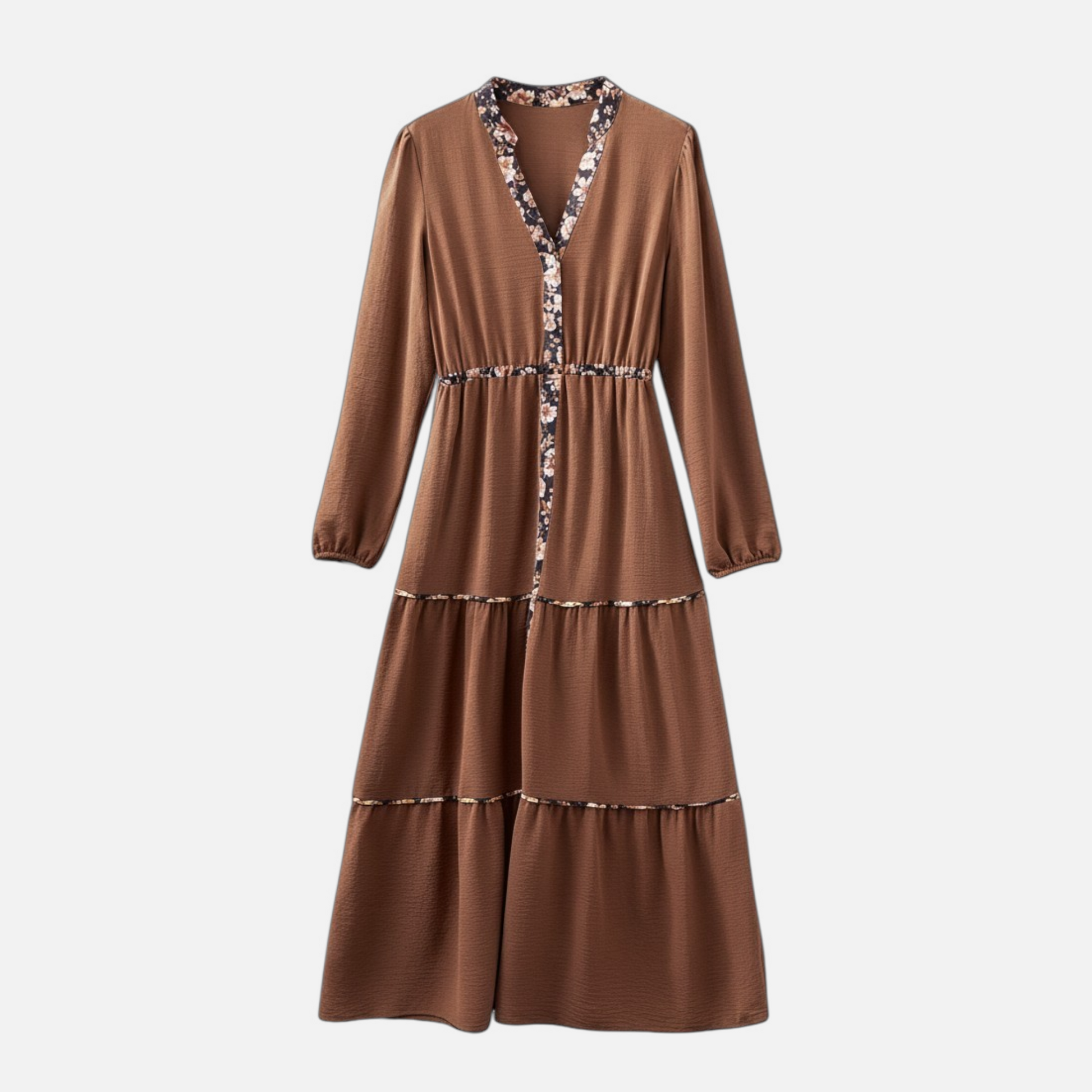 Front flat lay view of a bohemian-style brown maxi dress with a notched collar, floral patchwork trim, and long puff sleeves.