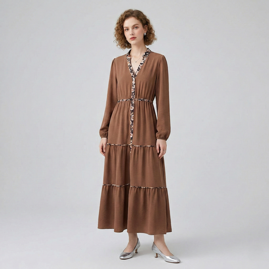 Front view of a model in a brown long-sleeved tiered maxi dress, featuring delicate floral print detailing along the V-neck, placket, and tiered seams.