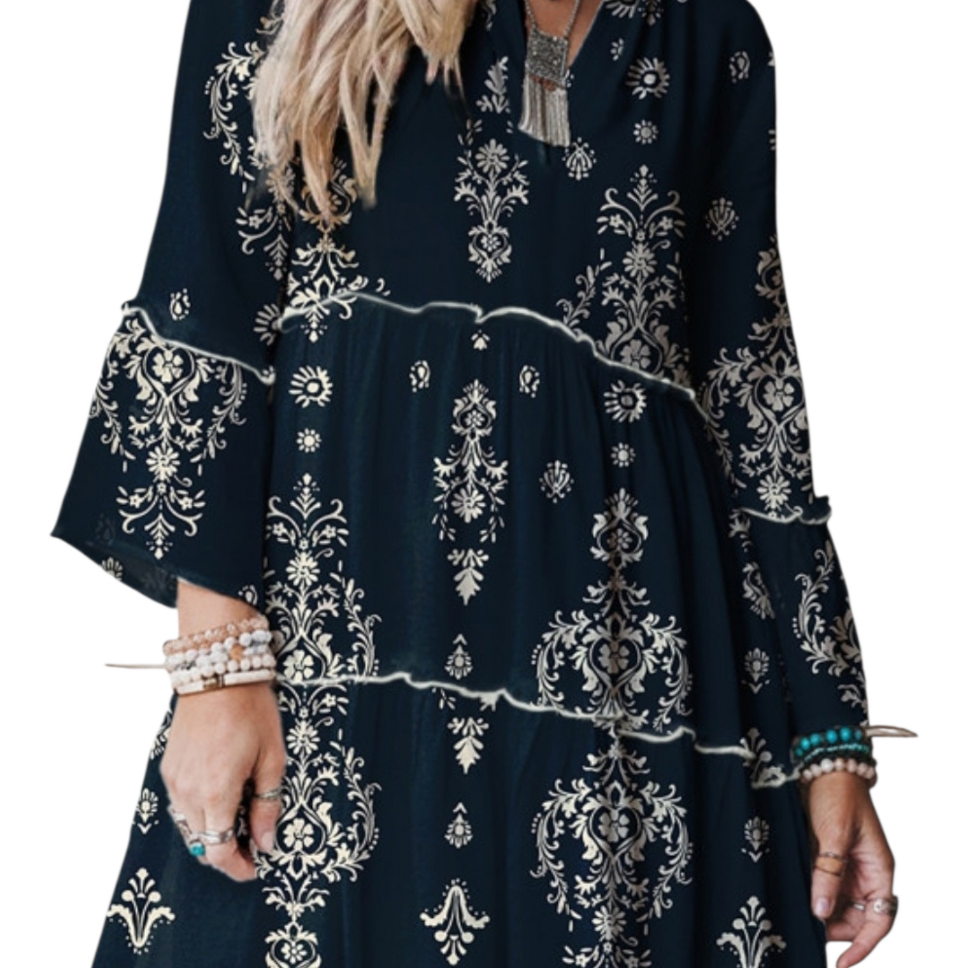 Navy blue dress with white floral patterns worn by a person