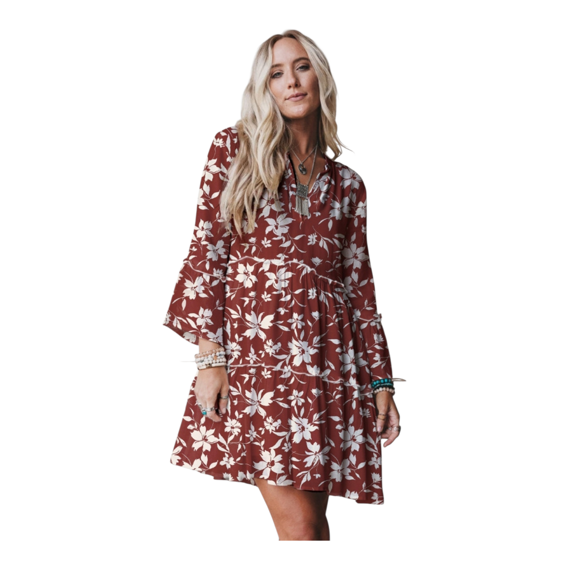 Woman wearing a floral dress on a white background