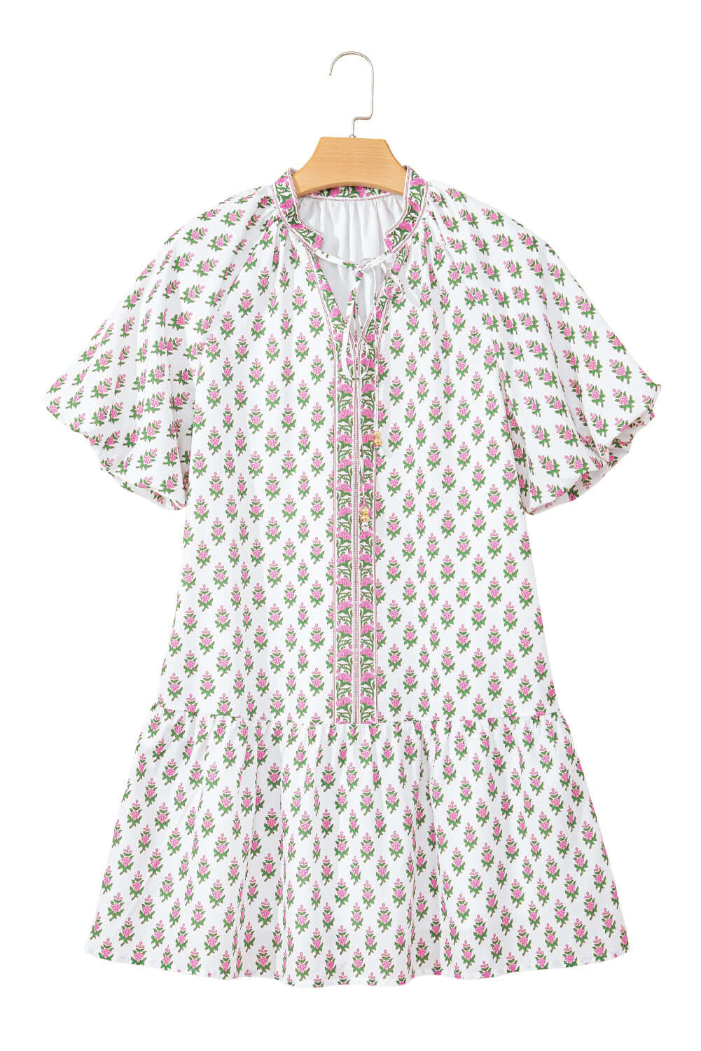 Pink floral dress with adjustable drawstring waist and lightweight polyester fabric on a hanger.