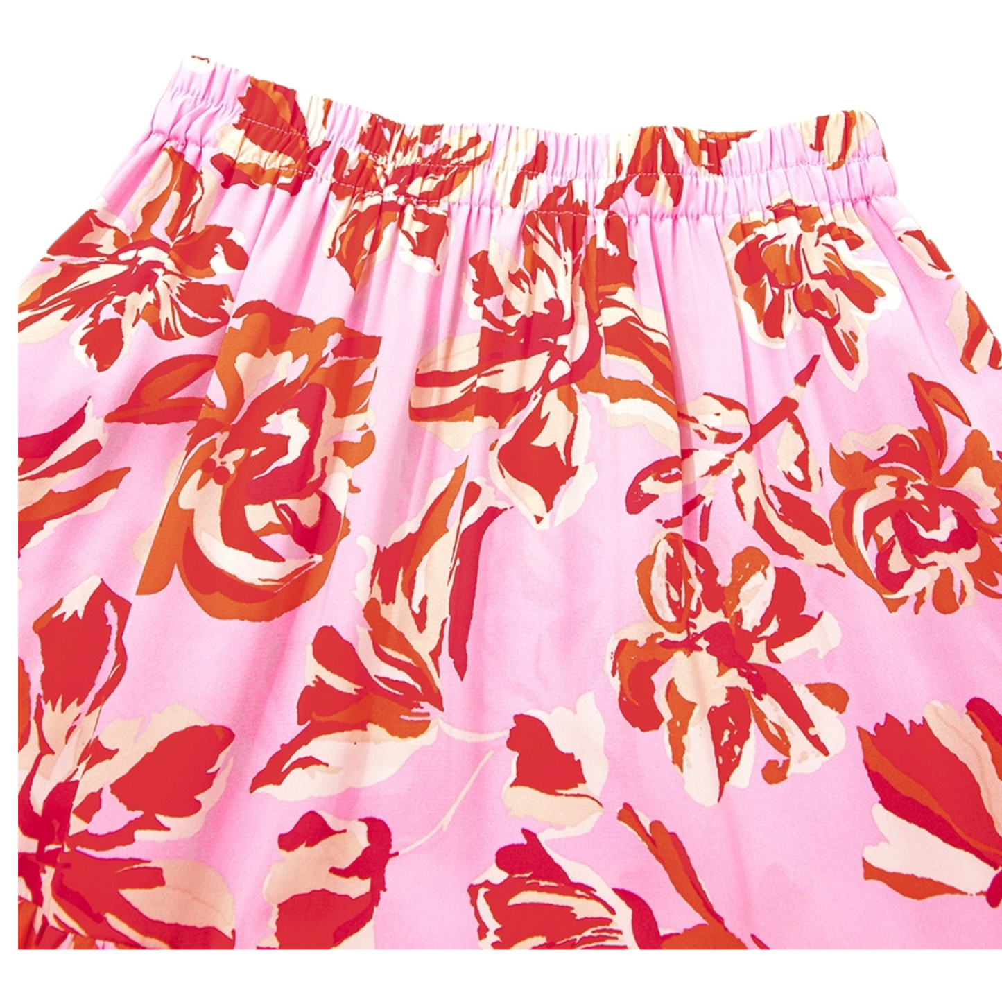 Floral shorts with red and orange flowers on a pink background