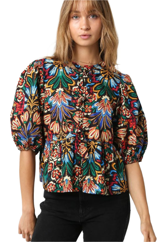 Boho Floral Blouse with Tie-front neckline and Puff sleeves - Catherine Martin