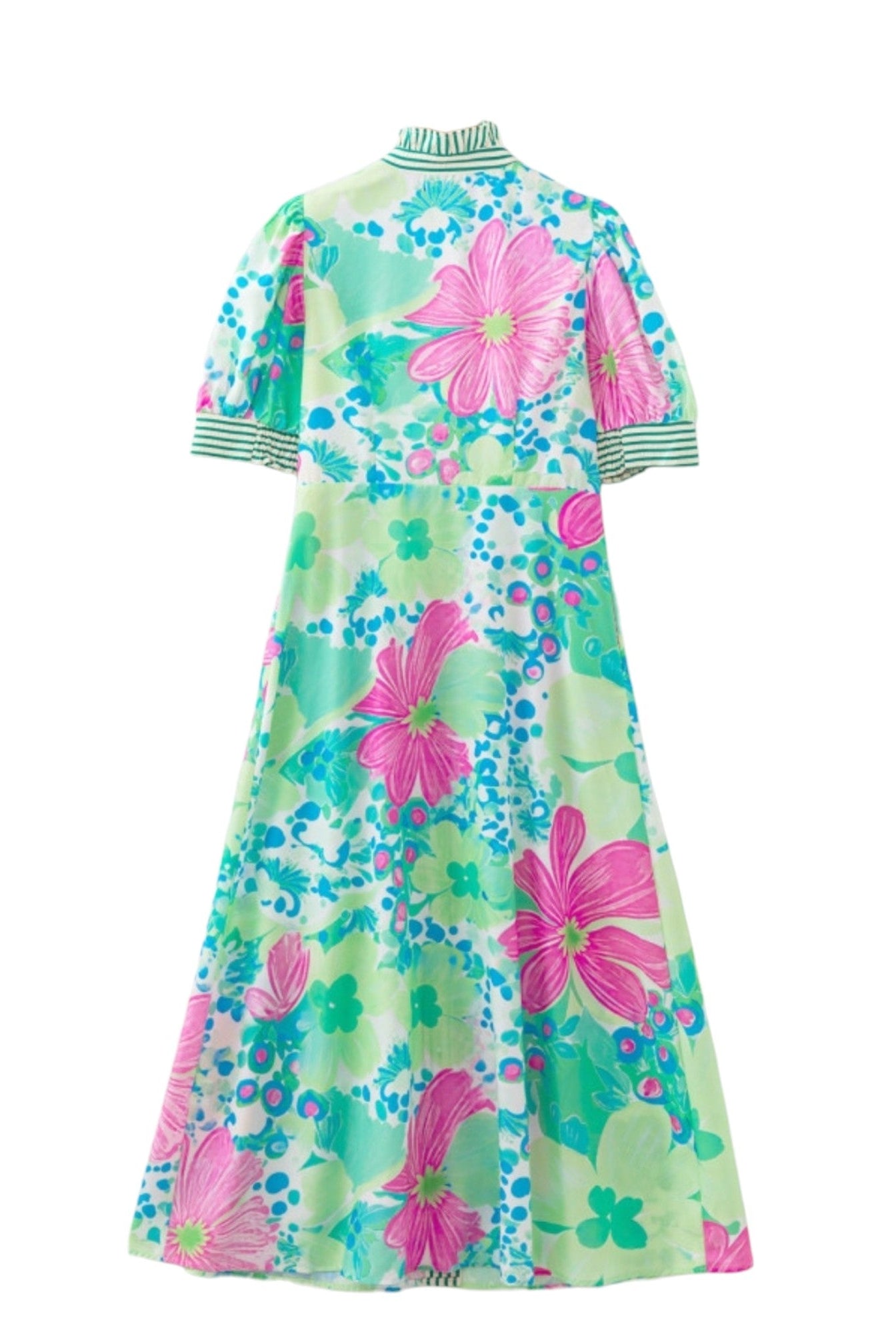 A short-sleeve midi dress with a vibrant retro floral print, featuring large pink flowers and green, blue, and yellow botanical motifs on a light mint green background. The dress has a high collar with green and white stripes, and is shown from the back against a plain white background.