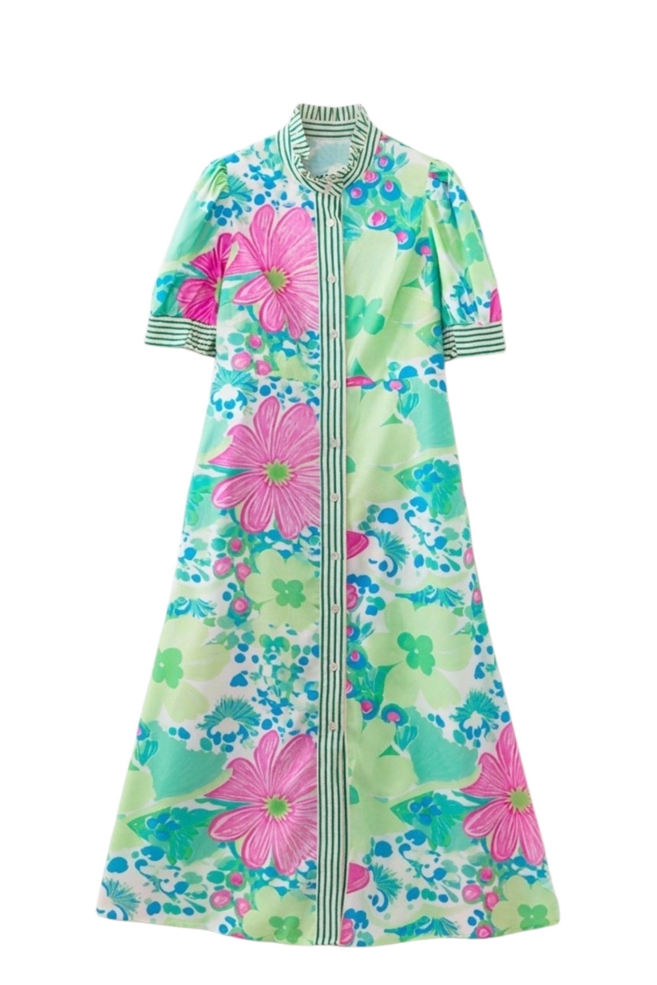 A short-sleeved maxi dress with a colorful floral print in shades of pink, green, and blue on a light mint background, featuring a striped collar and cuffs, and a front zipper closure.