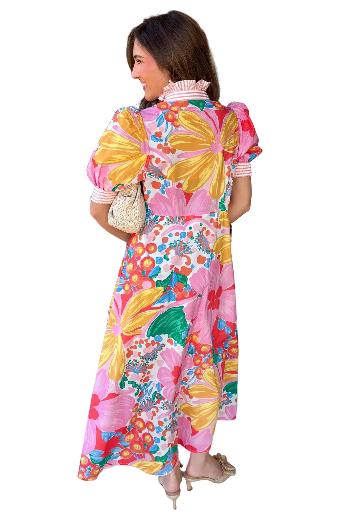Bold floral maxi dress back view full length