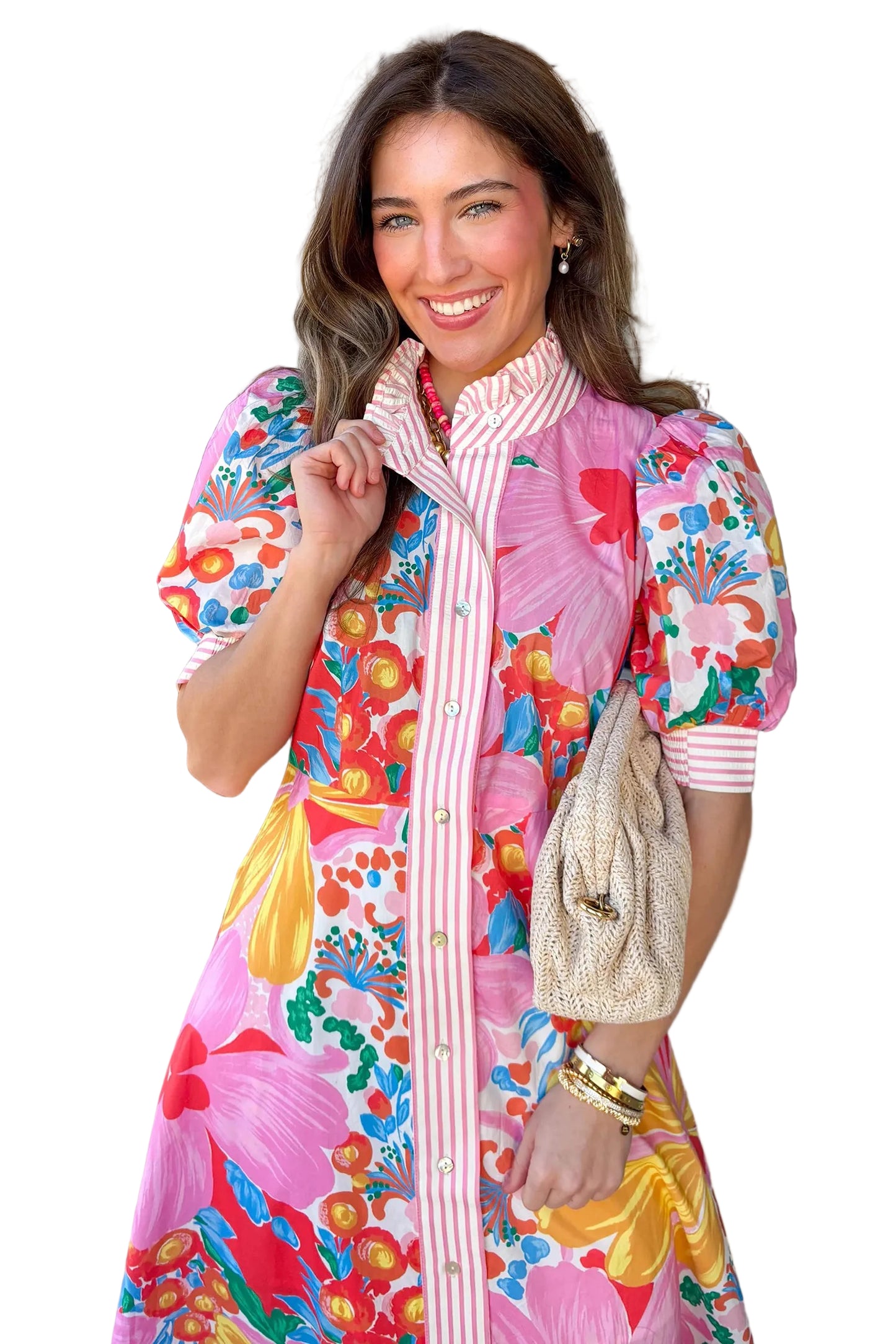 Bold floral puff sleeve maxi dress three-quarter view