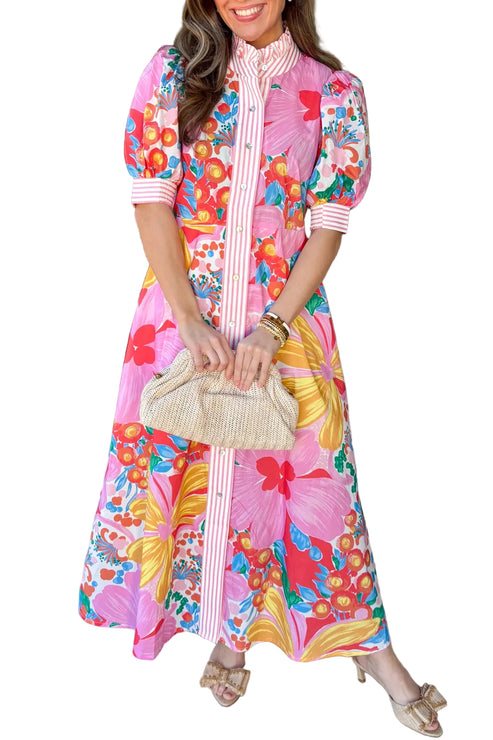 Bold floral puff sleeve button-down maxi dress front view