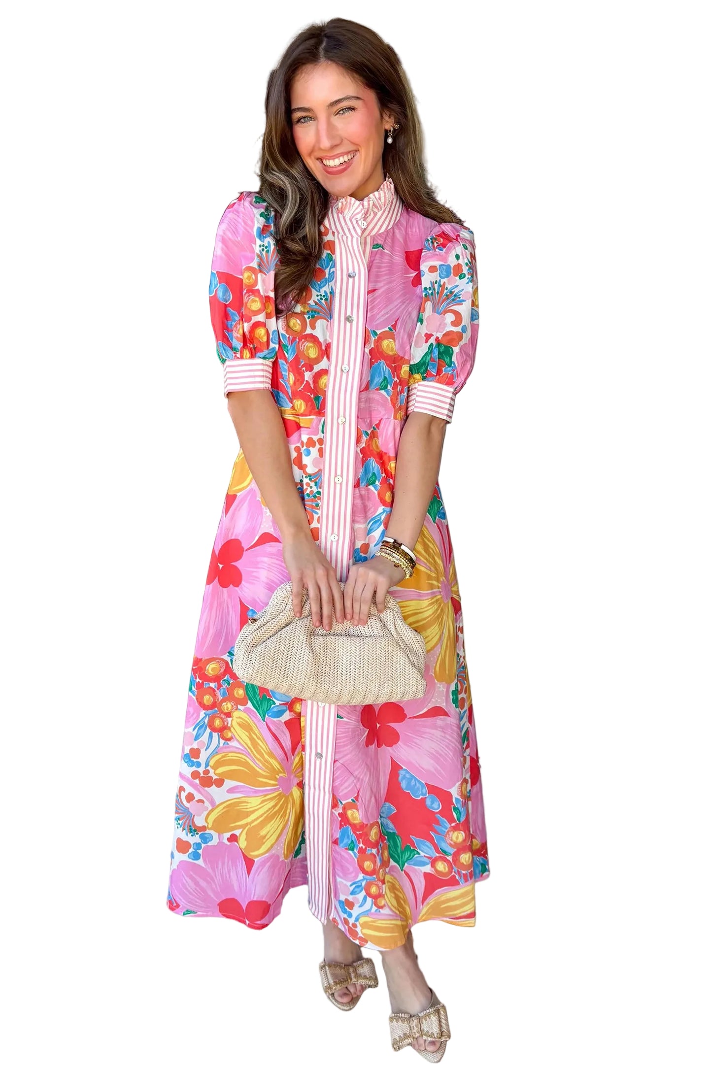 Bold floral maxi dress side view full length