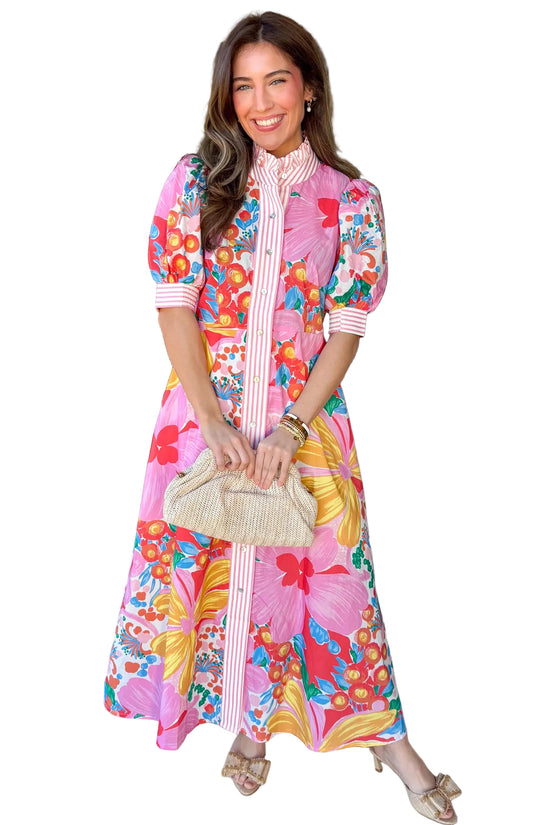 Bold floral maxi dress with contrast stripe placket front view