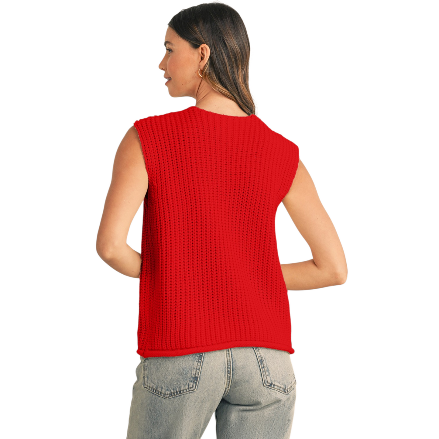 Person wearing a red sleeveless sweater on a white background