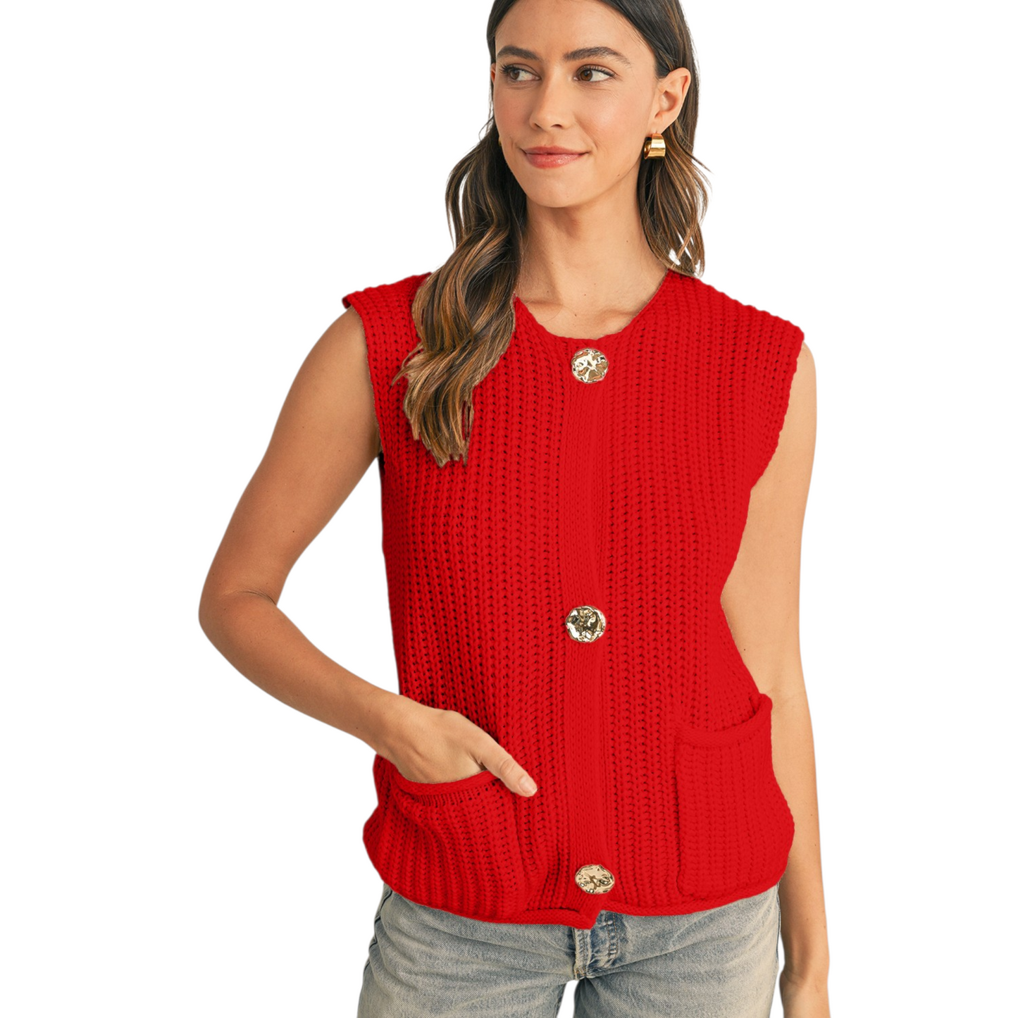 Woman wearing a red sleeveless knitted top with buttons on a white background