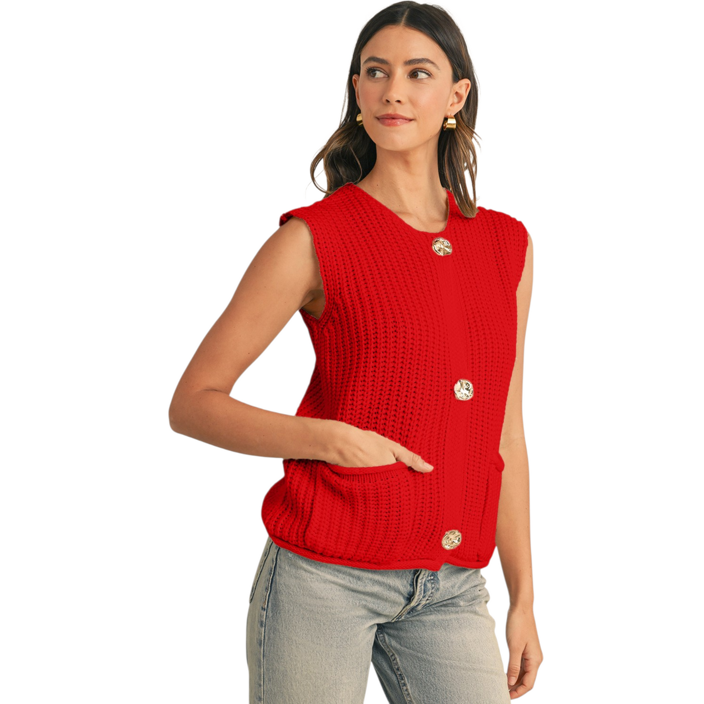 Woman wearing a red sleeveless knitted top with buttons on a white background