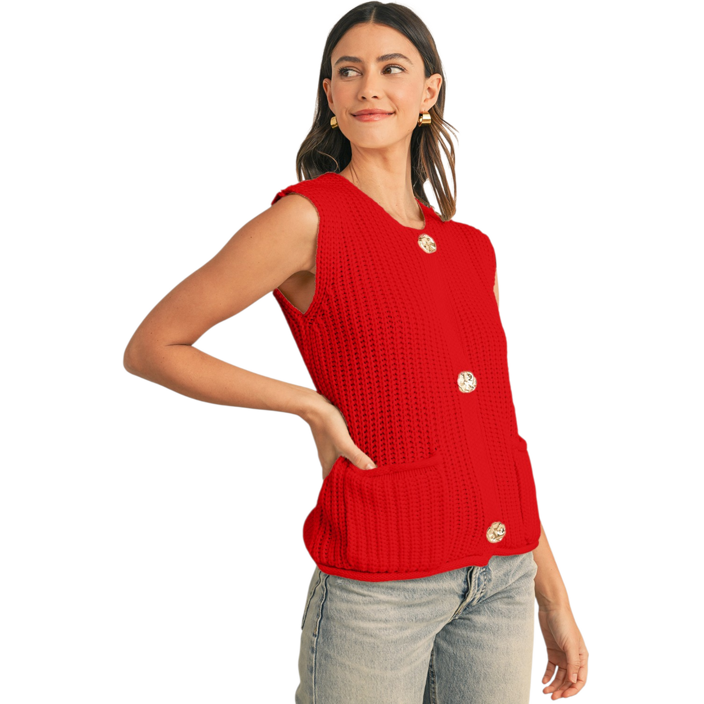 Woman wearing a red sleeveless knitted top with gold buttons on a white background