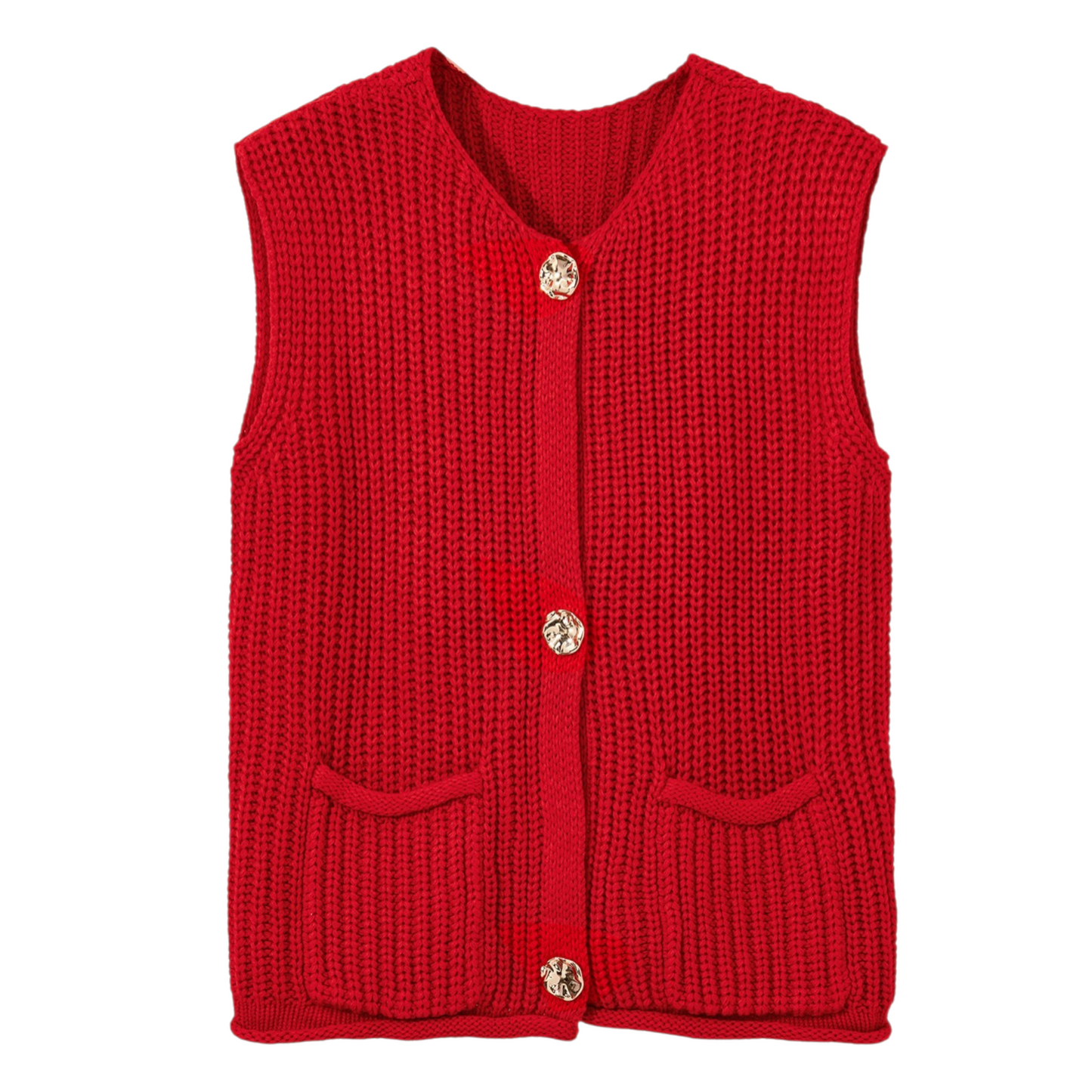 Red knitted vest with gold buttons on a white background