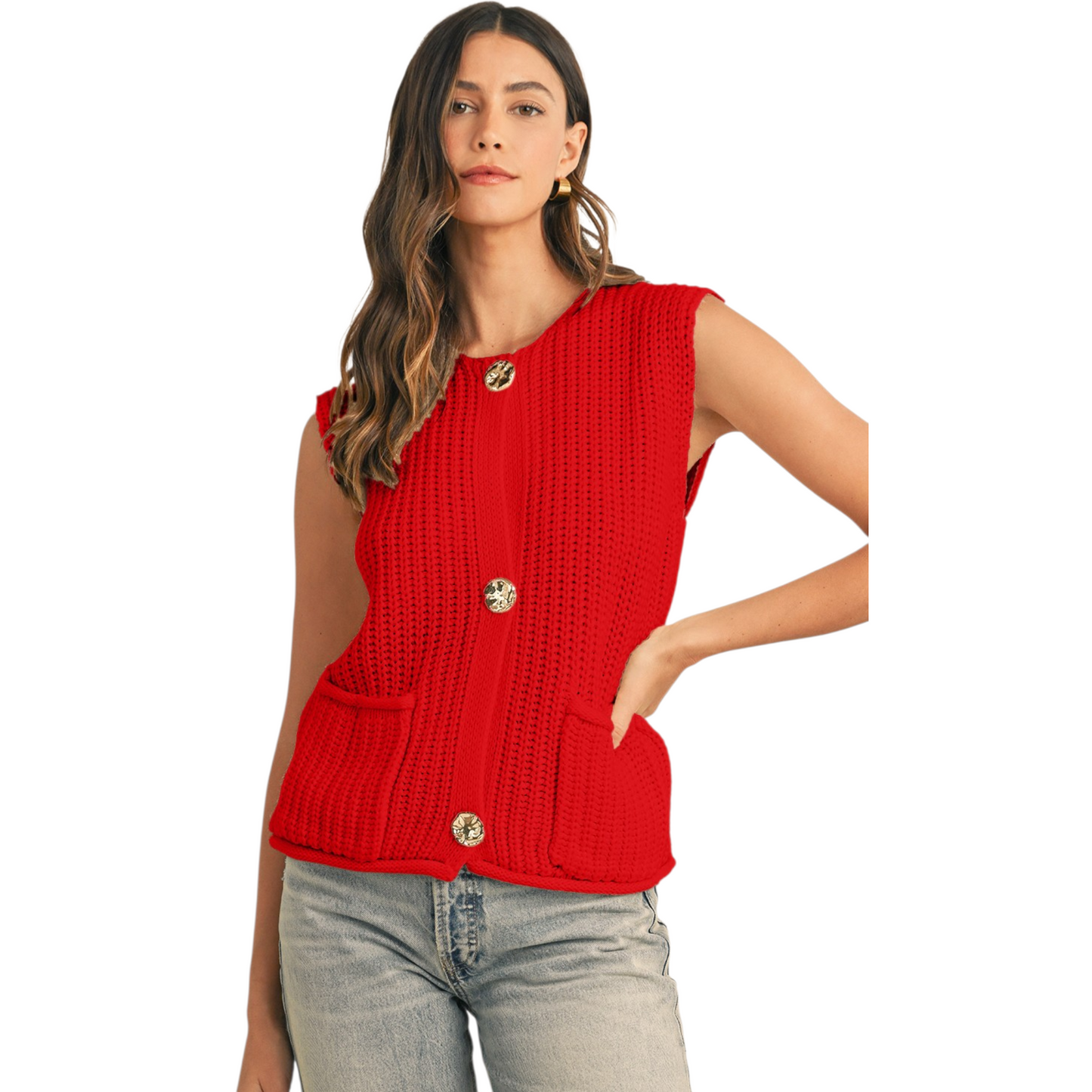 Woman wearing a red sleeveless knitted top with gold buttons on a white background