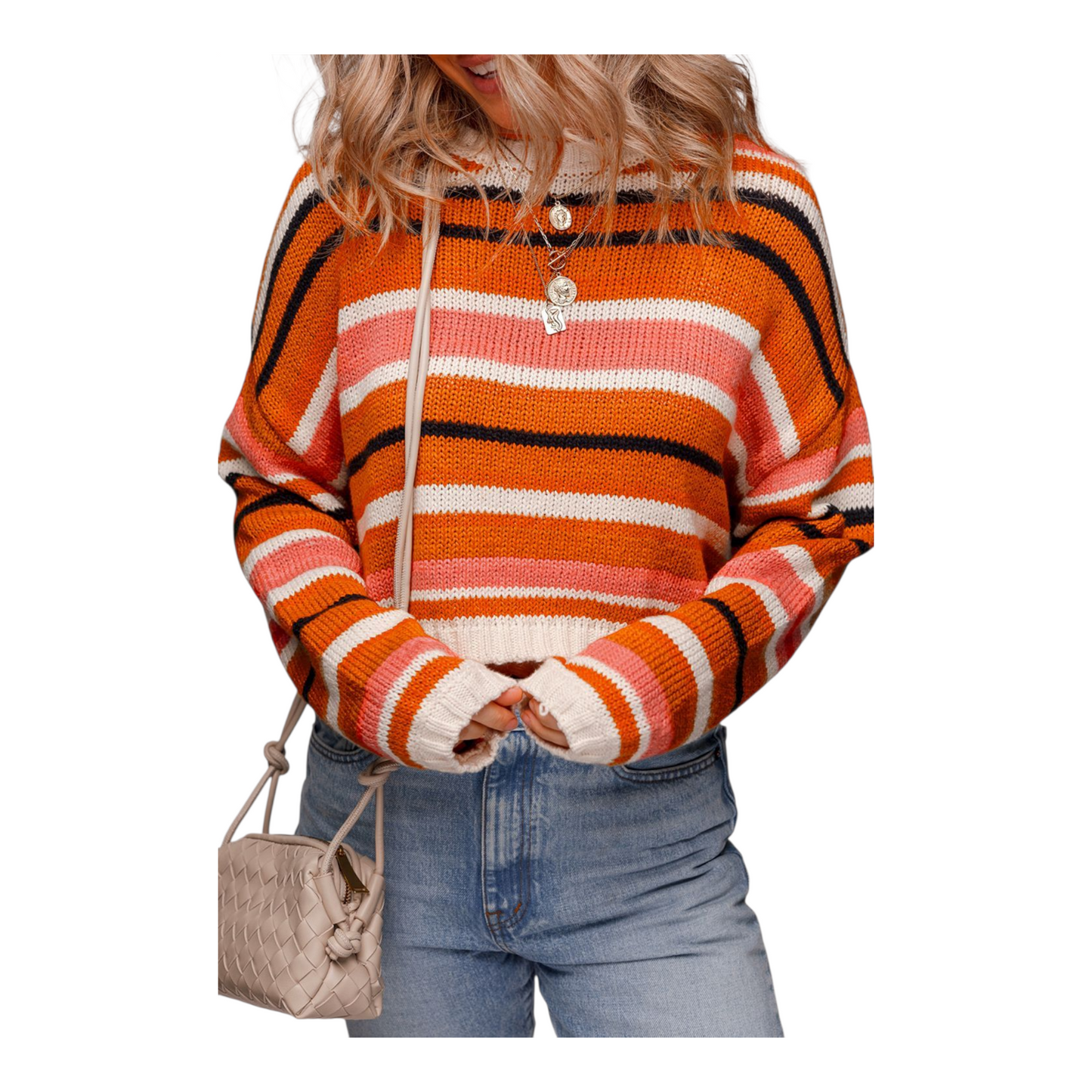 Person wearing a colorful striped sweater with a white background